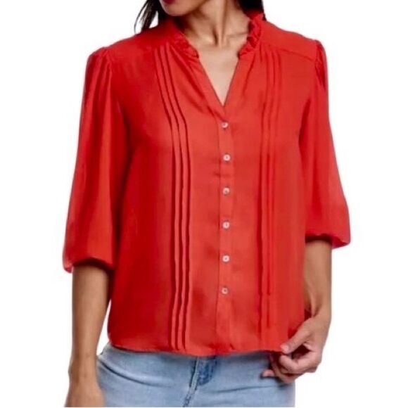 Nanette Lepore Pintuck Pleated Blouse with 3/4 Sleeve in Muted Red Women’s S - Picture 1 of 5